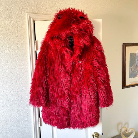 SpiritHoods Red Velvet Wolf Faux Fur Hooded Coat Vegan Small EUC - Picture 2 of 12